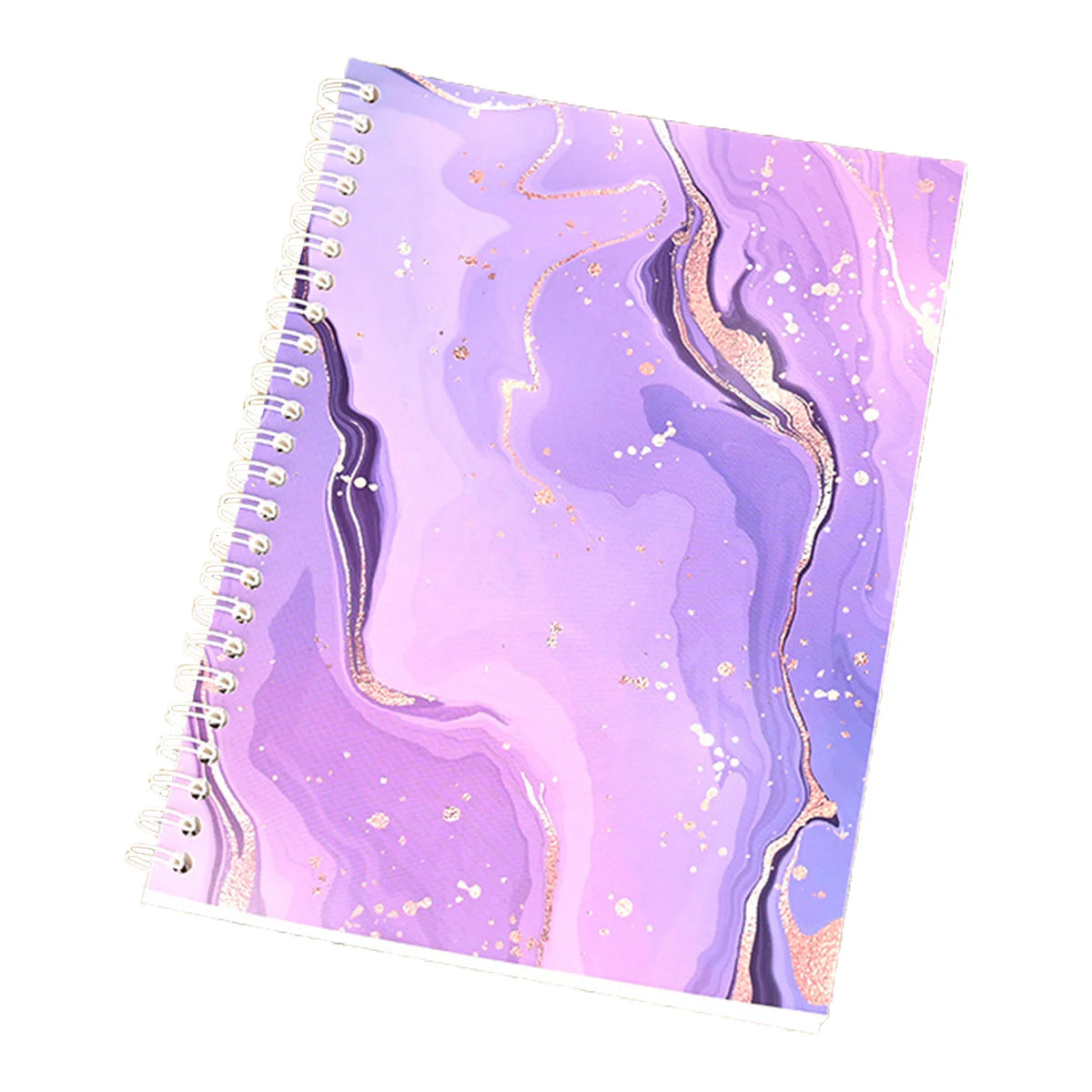 A spiral-bound album featuring a purple and pink marbled design with gold glitter accents.