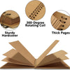 A brown hardcover photo album with a 360-degree rotating coil and thick pages shown open.