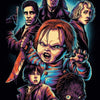 A dark illustration featuring a portrait of Chucky, with several figures surrounding him in a dramatic style.