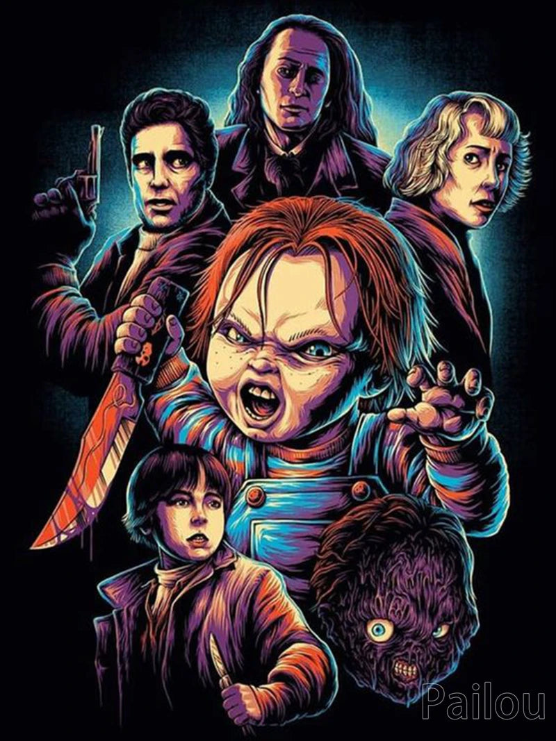 A dark illustration featuring a portrait of Chucky, with several figures surrounding him in a dramatic style.