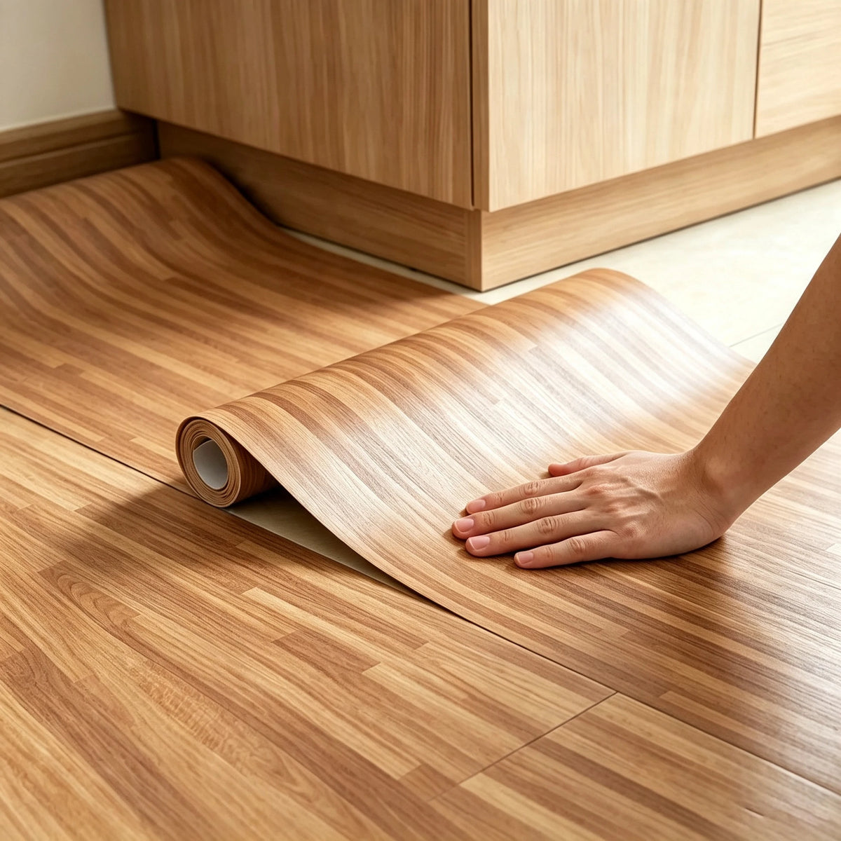 A hand is laying a roll of realistic wood grain floor stickers onto a light wooden floor.