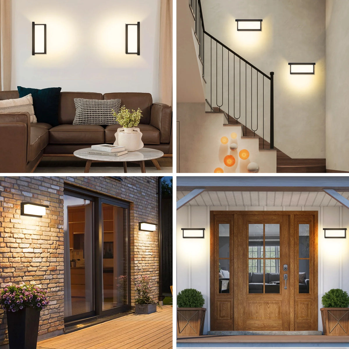 A collection of vintage LED rectangle wall sconces mounted on a light-colored wall and an exterior wooden door.