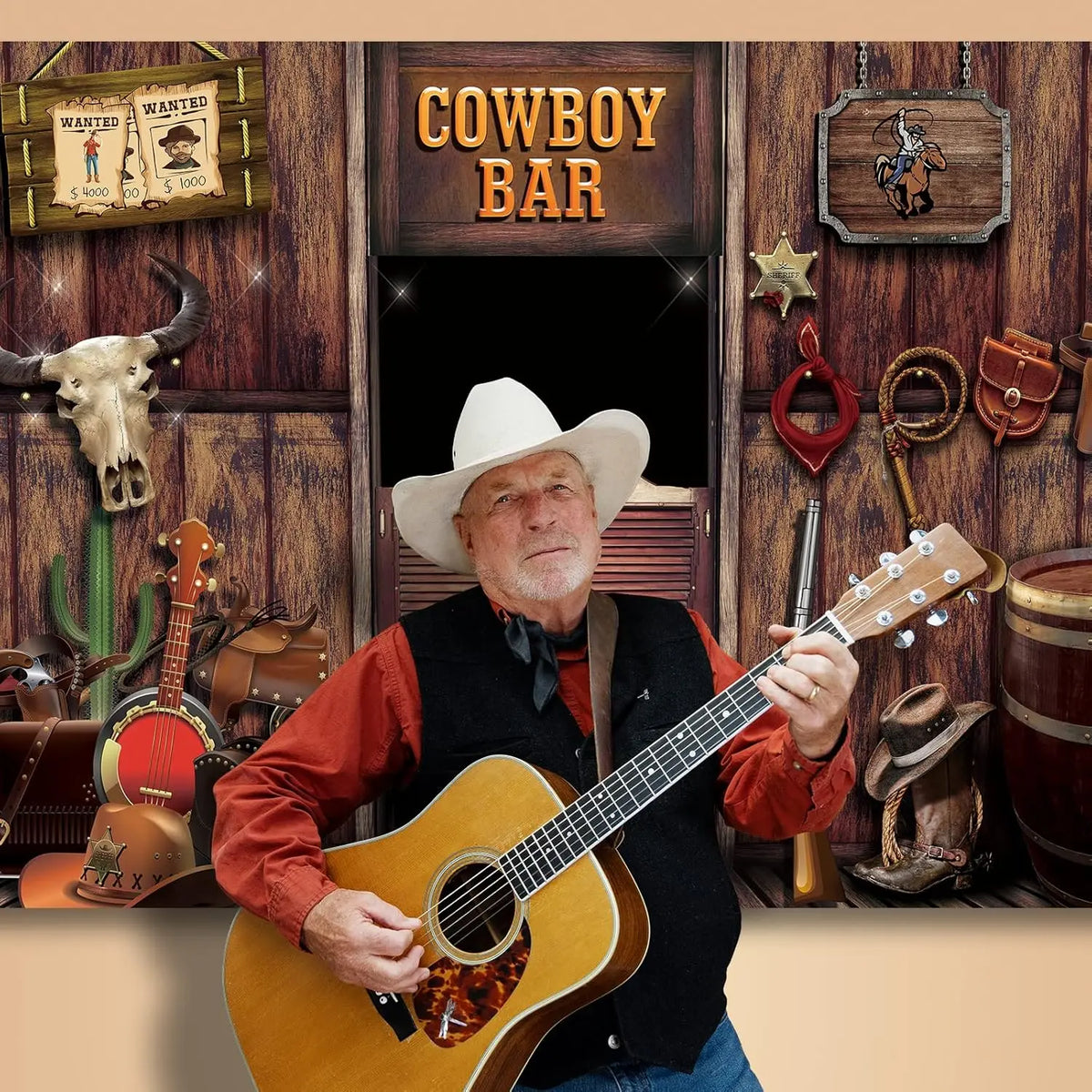 A man in a cowboy hat and shirt plays an acoustic guitar in front of a rustic wooden backdrop with a saloon sign.