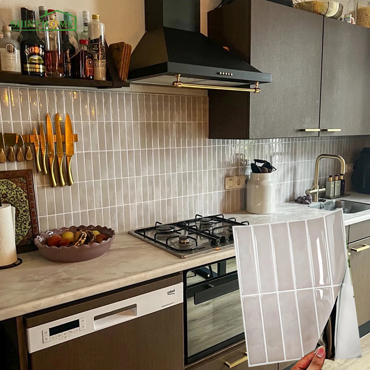 A close-up of self-adhesive heat resistant wall tiles installed on a kitchen backsplash.