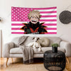 A funny cartoon tapestry featuring a spiky-haired anime character against a pink and white striped background.