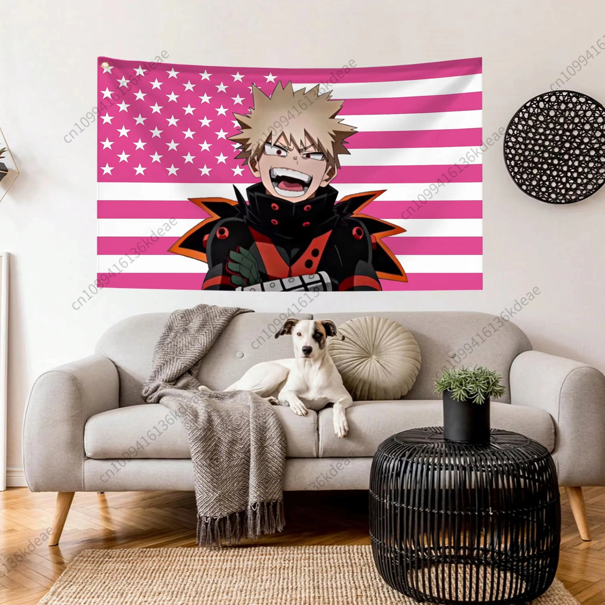 A funny cartoon tapestry featuring a spiky-haired anime character against a pink and white striped background.