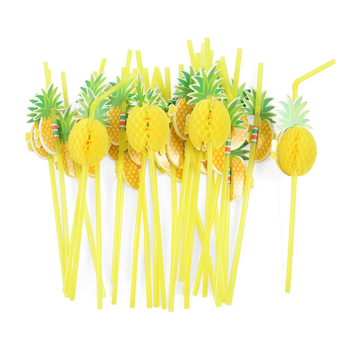 A pack of 50 yellow paper straws decorated with tropical flamingos and pineapples.