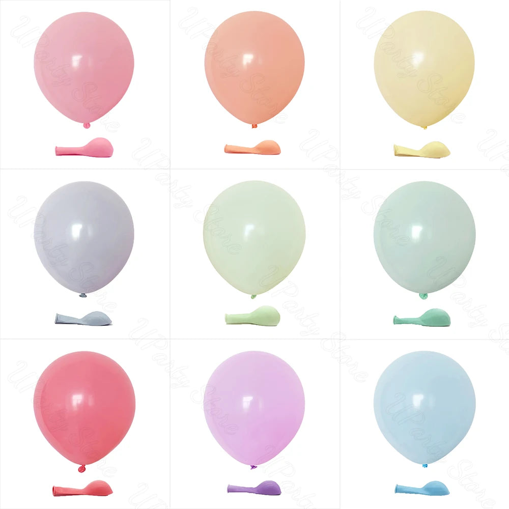 A grid of pastel latex balloons in pink, peach, yellow, lavender, mint green, and light blue.