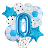 A set of blue and white football-shaped helium foil balloons and a large blue number zero balloon for birthday party decorati