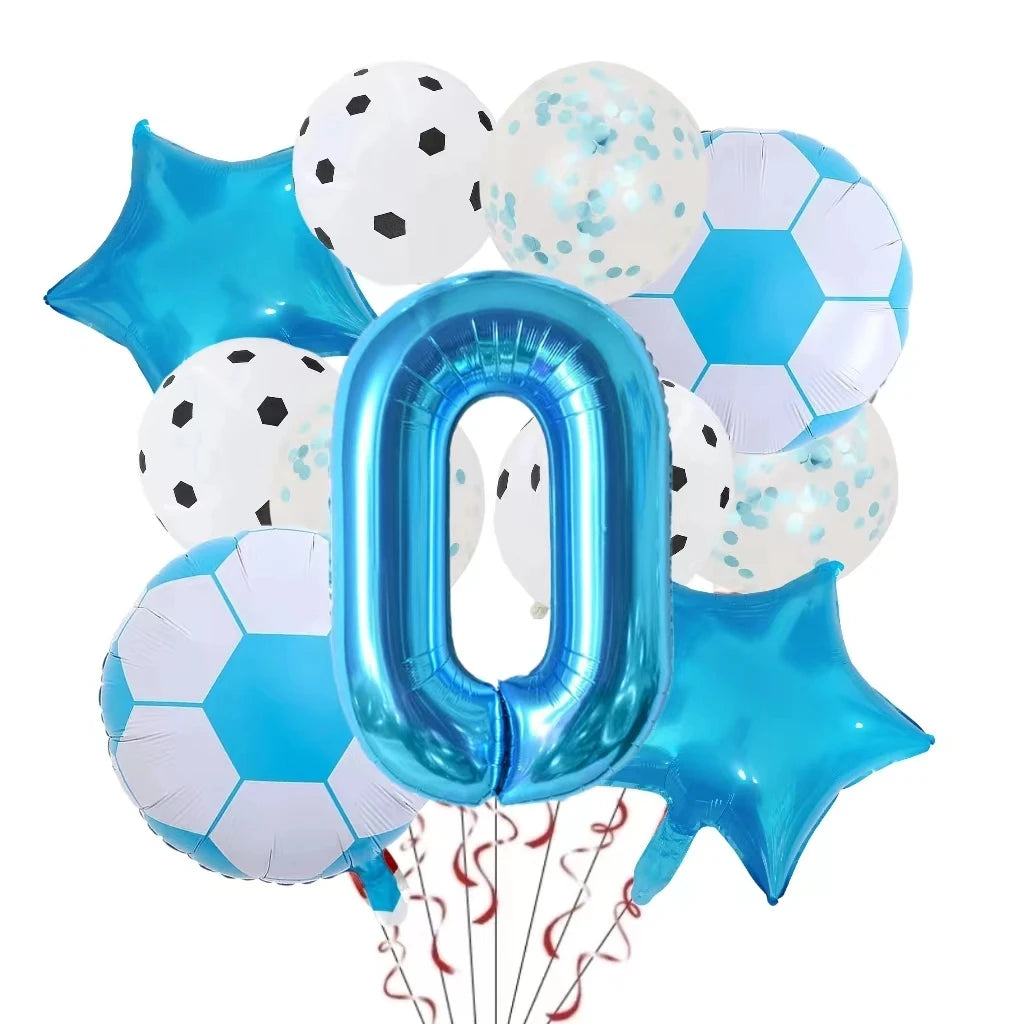 A set of blue and white football-shaped helium foil balloons and a large blue number zero balloon for birthday party decorati