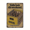 Vintage metal tin sign with Dutch text and a depiction of beer bottles.
