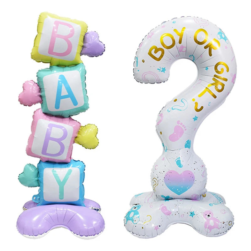 Giant question mark foil balloon shaped like a question mark with baby and boy options