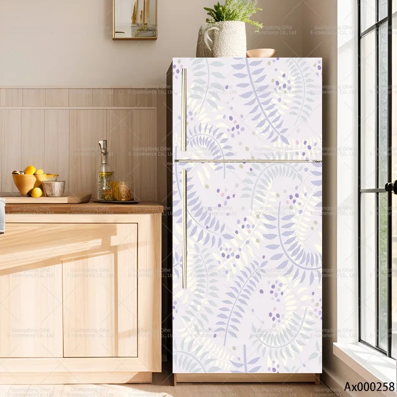 A modern refrigerator with a white and purple floral pattern is displayed next to wooden cabinetry.