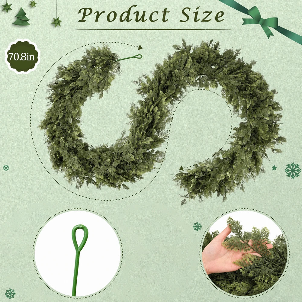 A circular garland made of green artificial cedar foliage is shown next to a green hook and a hand holding the greenery.
