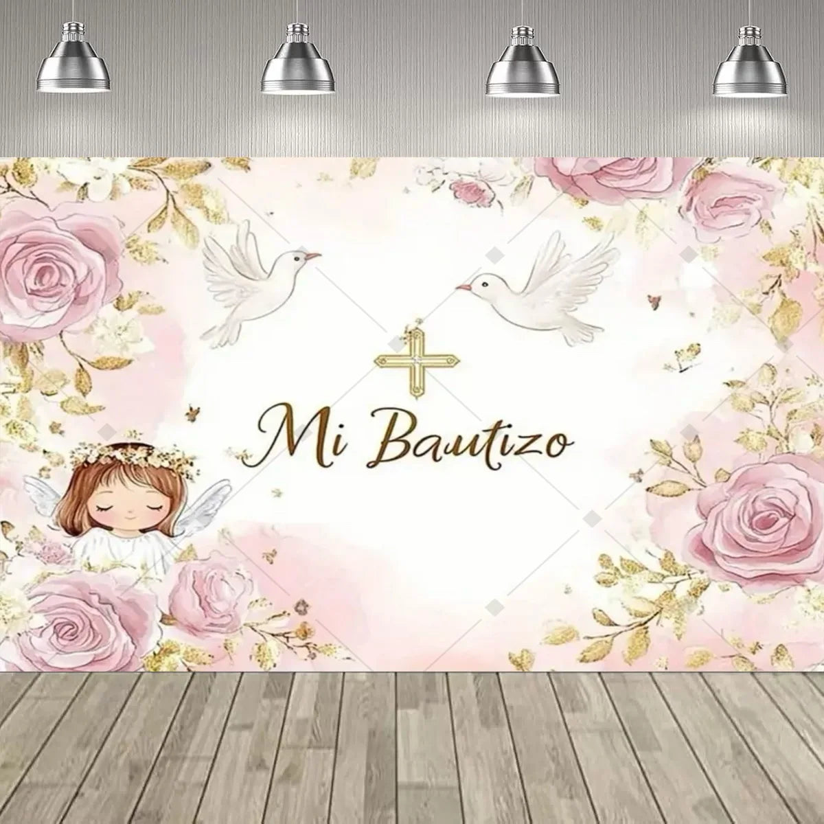 A floral pink backdrop for a First Communion featuring a cross and angelic figures.