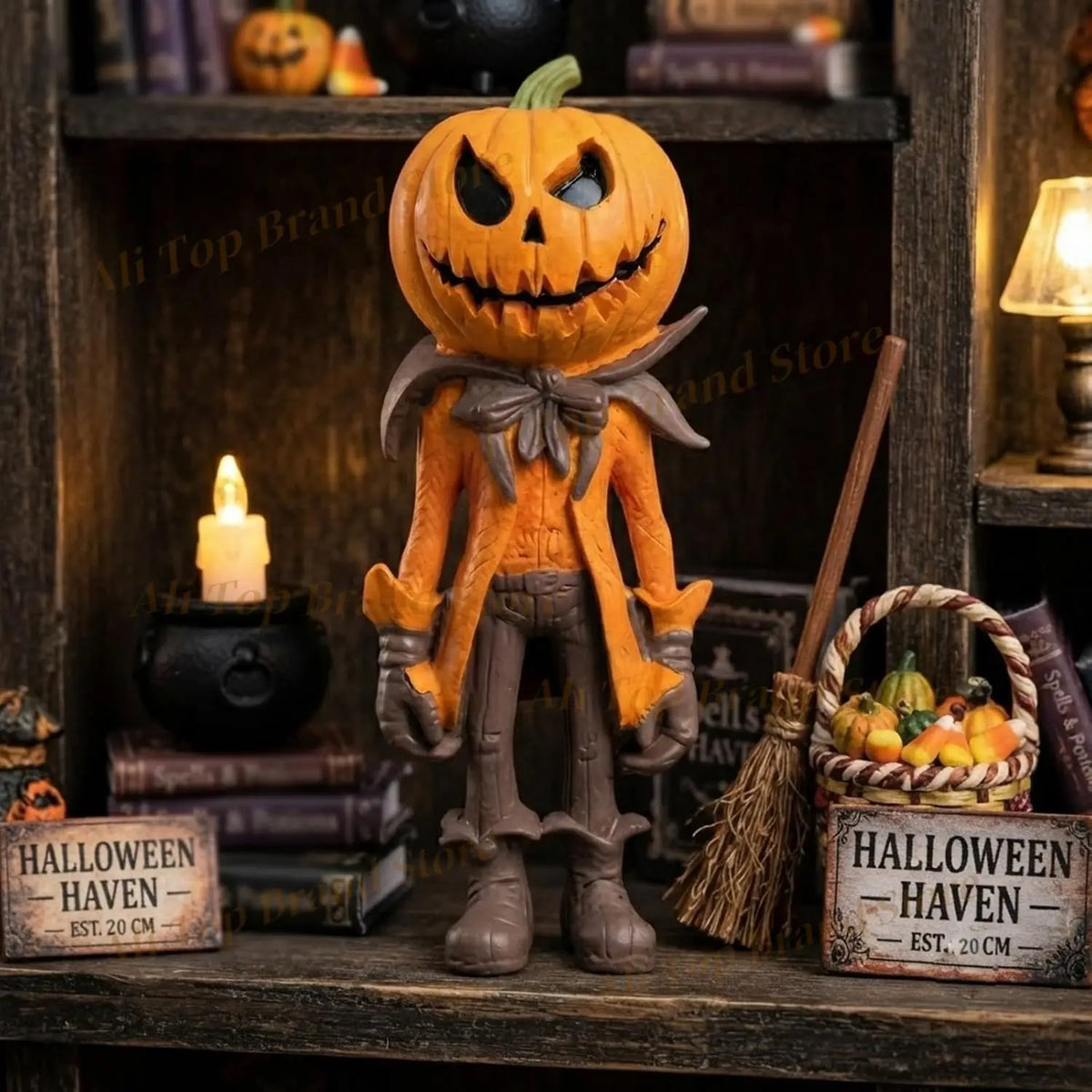 Figurine de citrouille orange, vêtue d'un costume marron, sur une étagère en bois.