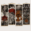 A set of four vertical Japanese samurai ukiyo-e prints featuring tigers and warriors, displayed on wooden hanging scrolls.