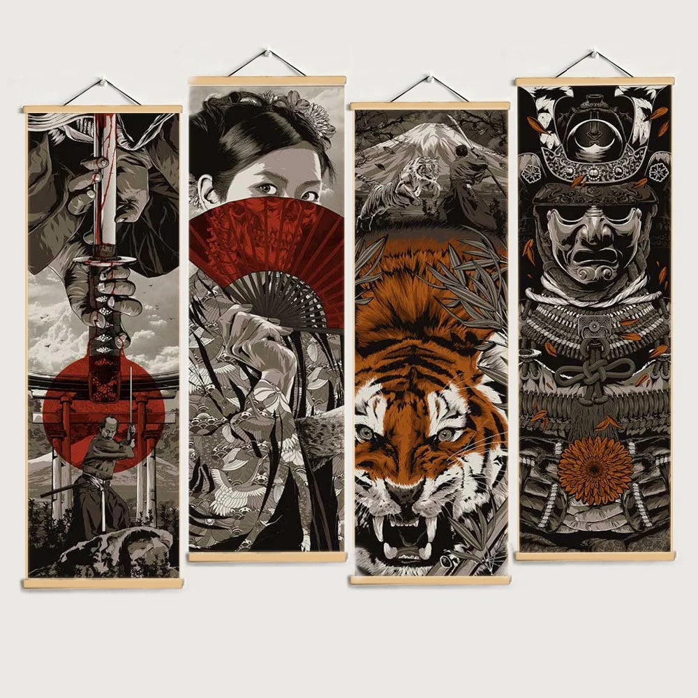 A set of four vertical Japanese samurai ukiyo-e prints featuring tigers and warriors, displayed on wooden hanging scrolls.