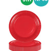 A set of red paper party tableware including dinner plates, napkins, cups, and cutlery.