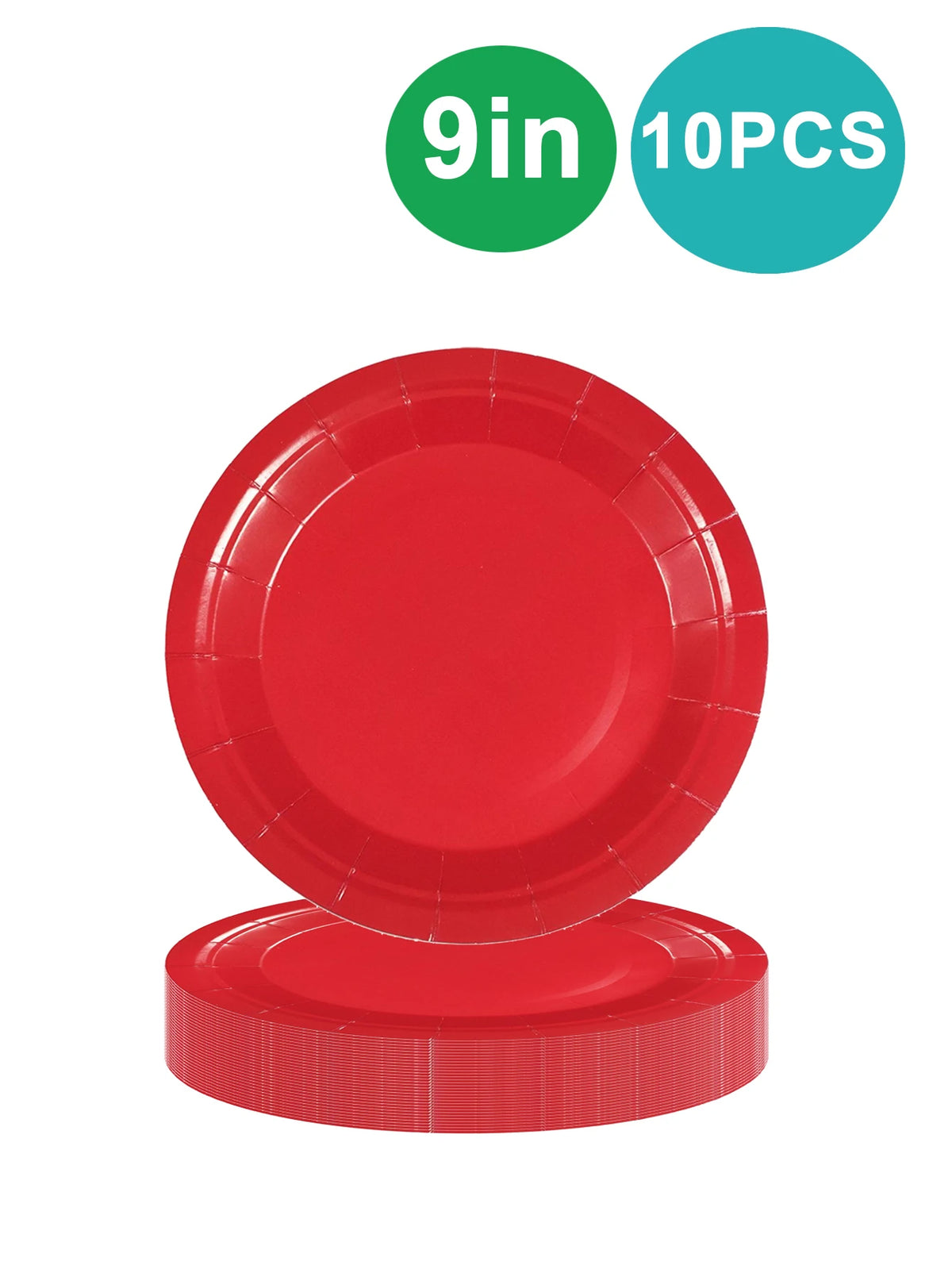 A set of red paper party tableware including dinner plates, napkins, cups, and cutlery.