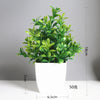 A potted artificial bonsai plant with bright green eucalyptus leaves in a white cylindrical pot.