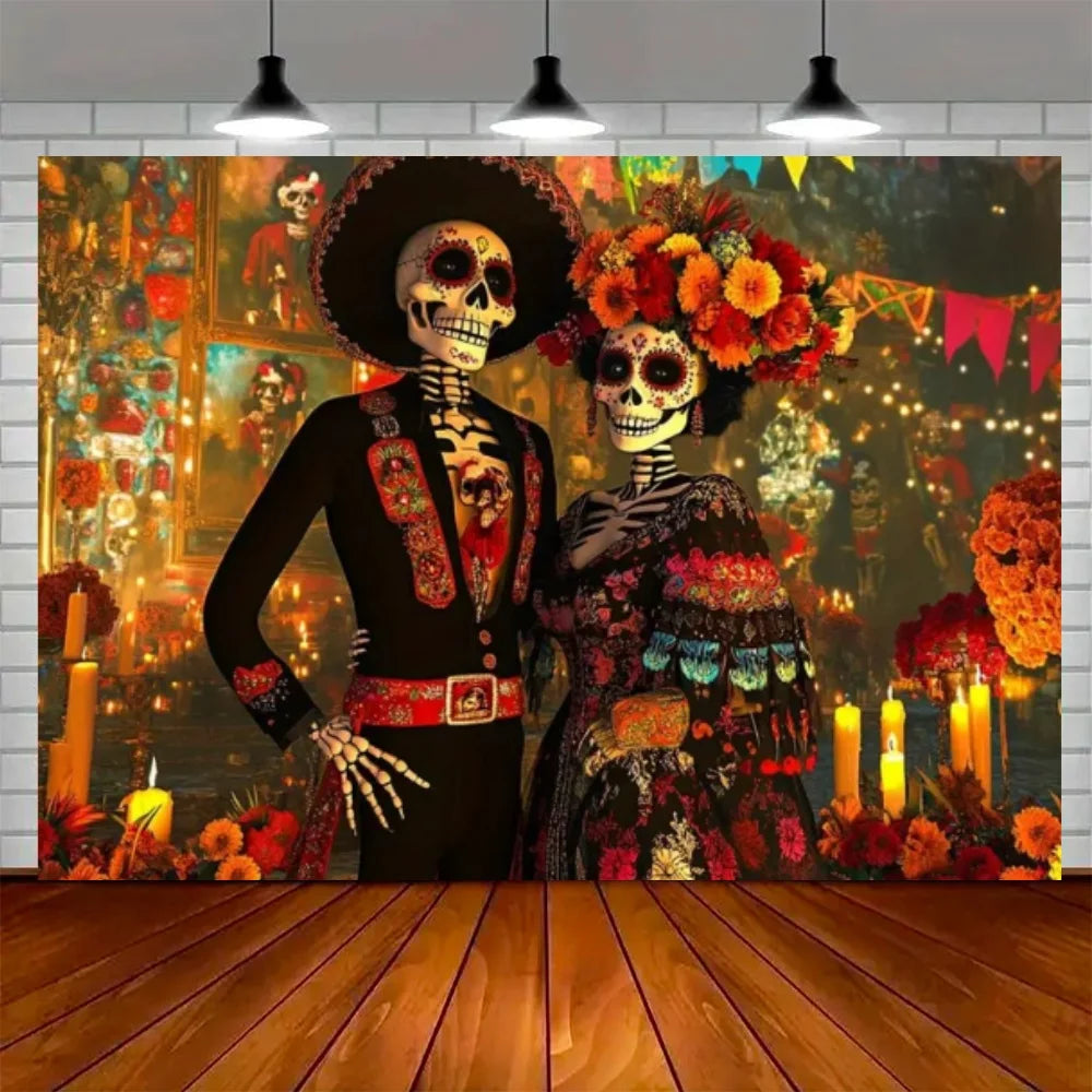 Day of the Dead Skeleton Carnival Backdrop for Halloween Party Decorations