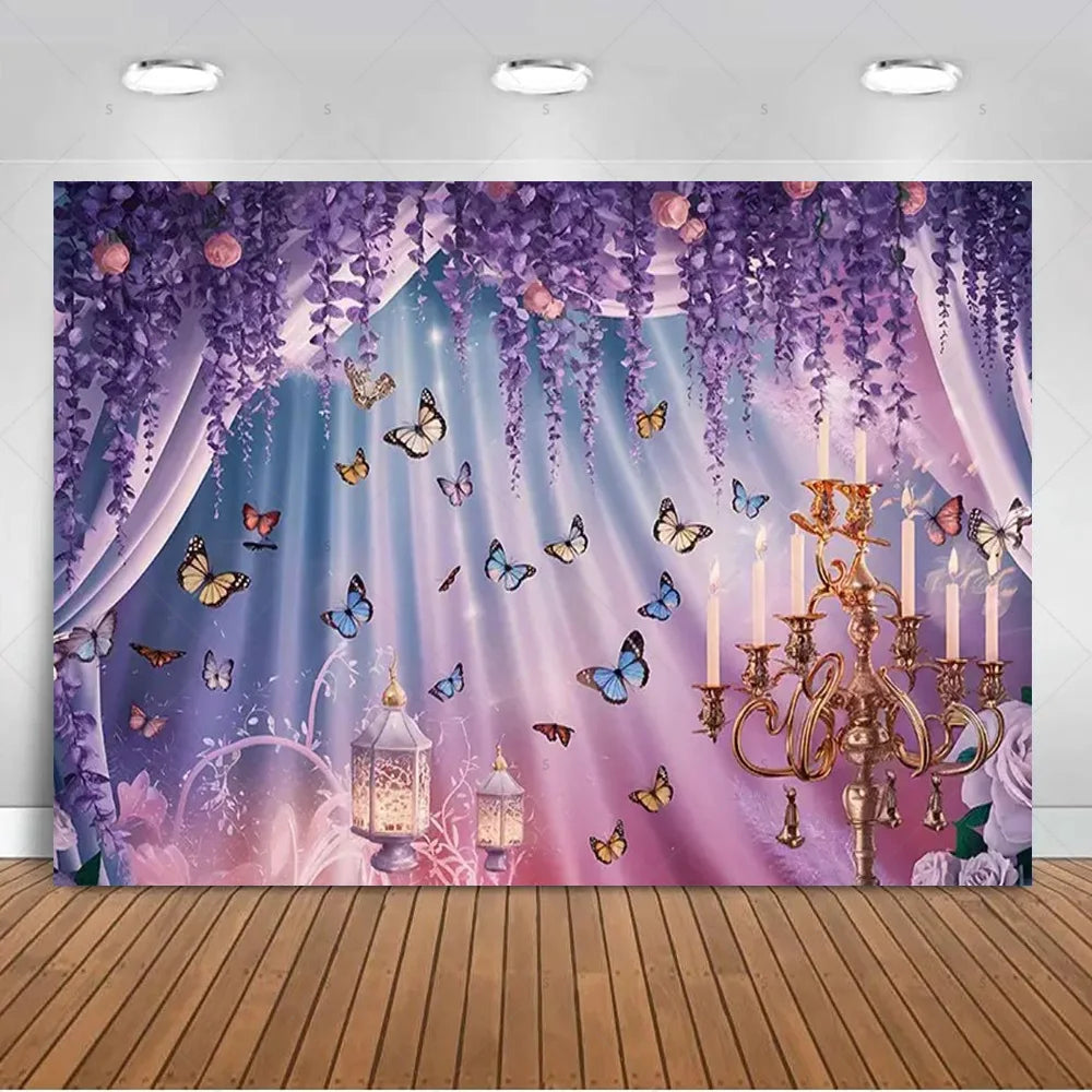 A dreamy purple butterfly photo backdrop featuring cascading purple vines and pink lighting for events.