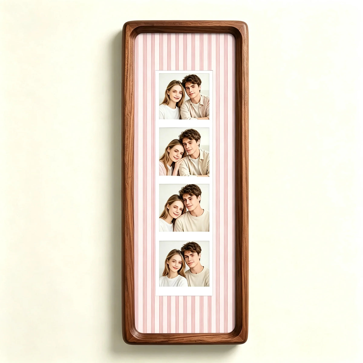 A vertical photo strip frame with a walnut wood border and pink and white striped background, displaying six portrait photos 