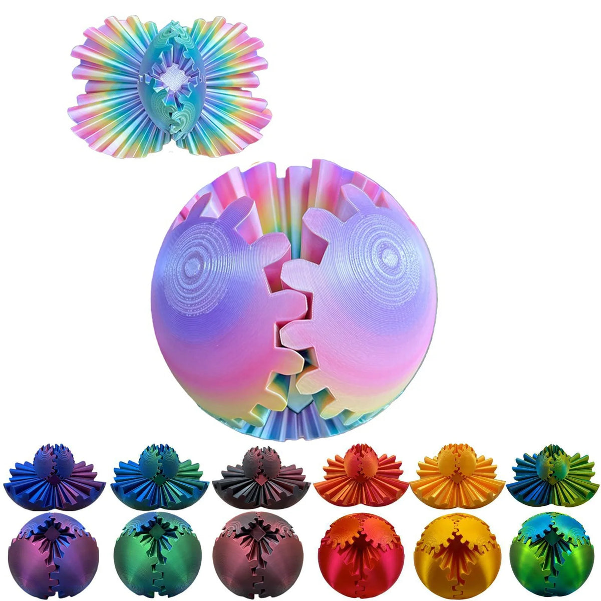 A collection of colorful 3D printed gear balls and fidget spinners showing various patterns and colors.