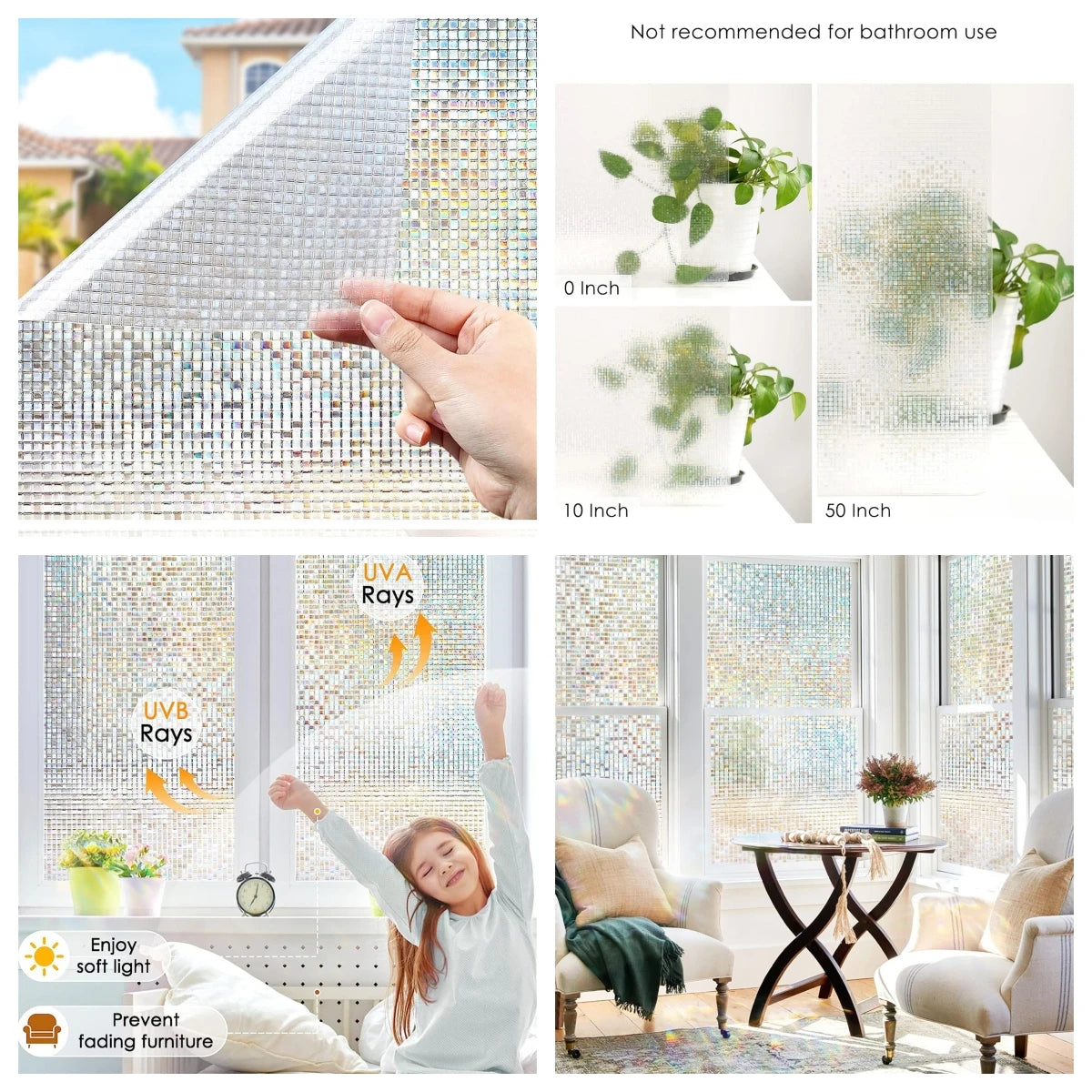 Frosted window privacy film showing various thicknesses and protection levels for bathroom use.