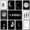 A collection of minimalist black and white prints depicting various moon phases and lunar imagery.
