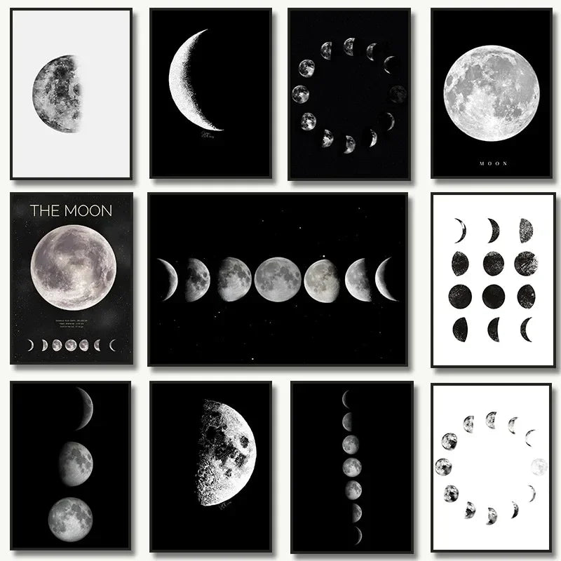 A collection of minimalist black and white prints depicting various moon phases and lunar imagery.