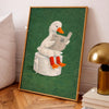 A painting of a white duck with orange feet sitting on a pedestal, displayed in a wooden frame.