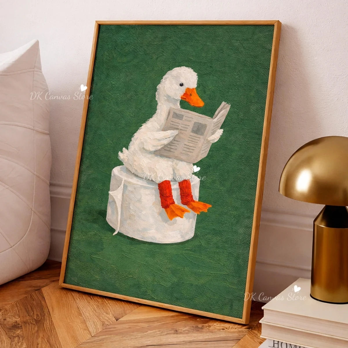 A painting of a white duck with orange feet sitting on a pedestal, displayed in a wooden frame.