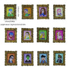 A collection of miniature framed wall art featuring various stylized female figures in ornate gold frames.