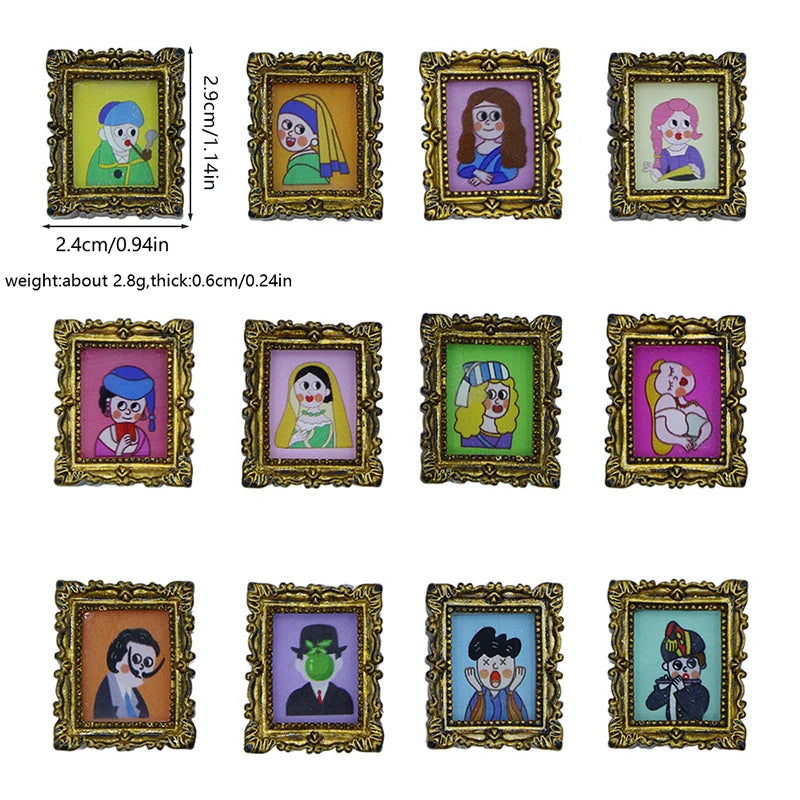 A collection of miniature framed wall art featuring various stylized female figures in ornate gold frames.