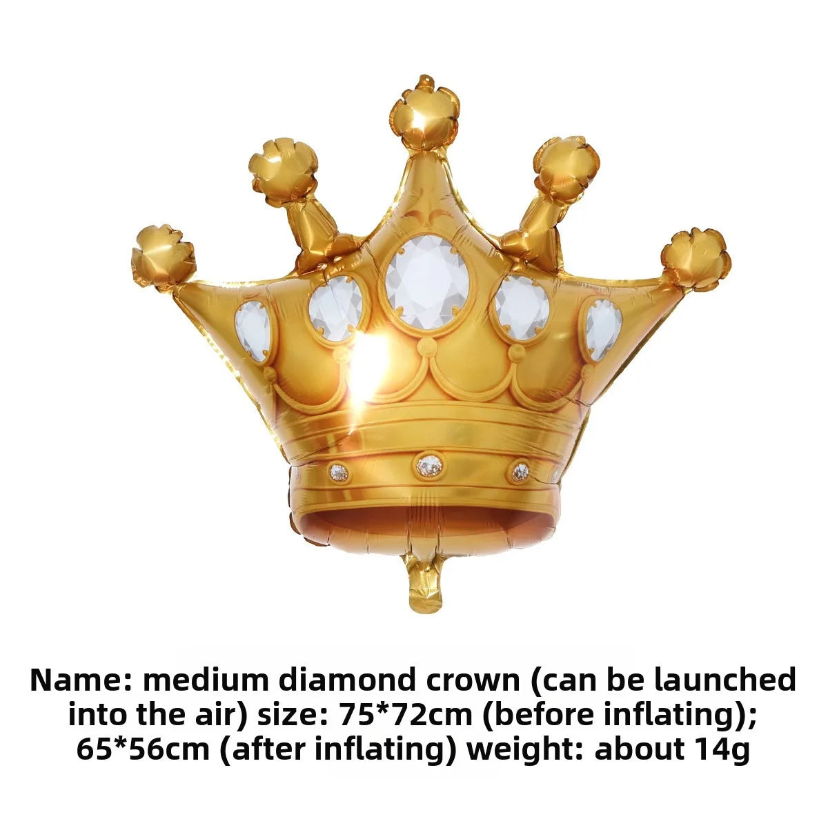 A golden foil crown balloon with decorative points and clear gemstone accents.