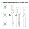 A set of extra heavy duty plastic silverware including a fork, spoon, and knife, with count indicators showing 100 pieces.