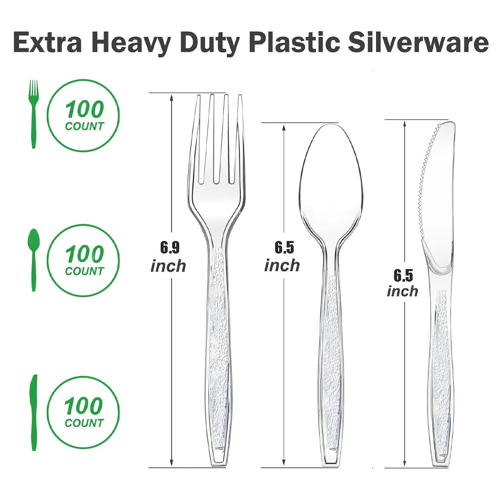 A set of extra heavy duty plastic silverware including a fork, spoon, and knife, with count indicators showing 100 pieces.