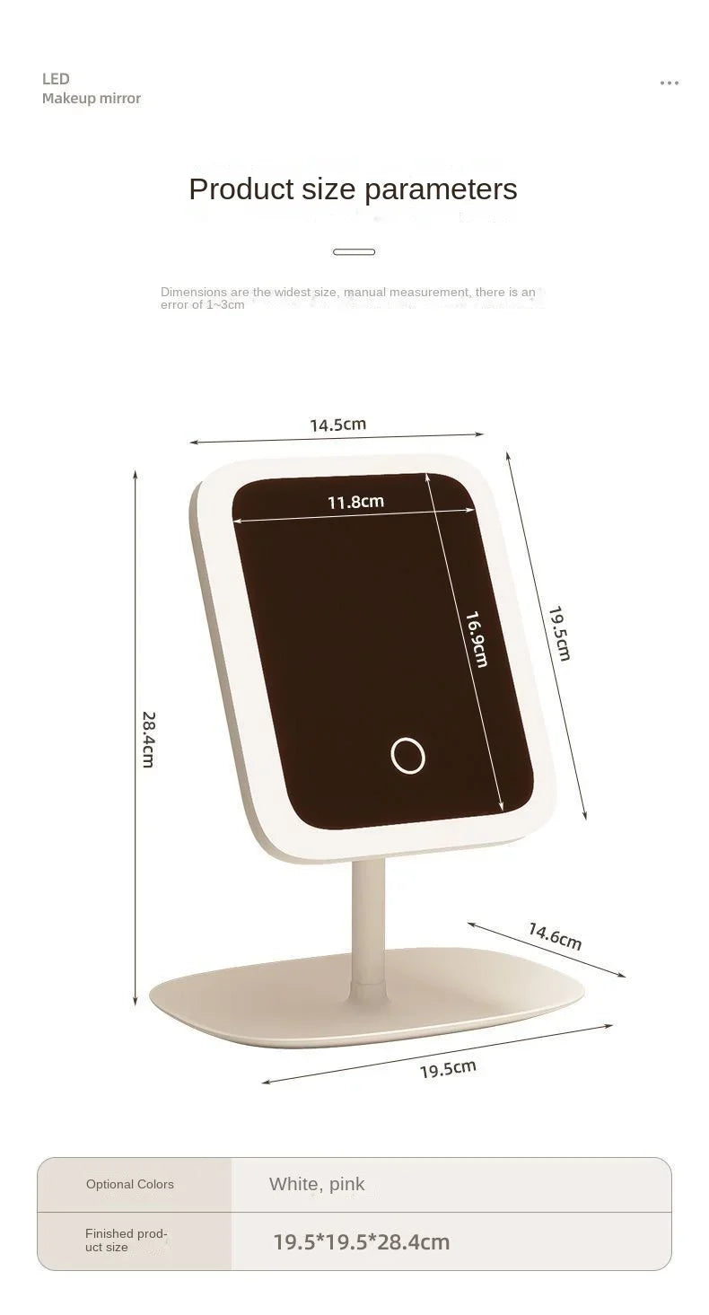 A white LED makeup mirror with a round frame and adjustable stand, shown in a side view.