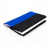 A folded flag design featuring horizontal stripes of blue, black, and white.