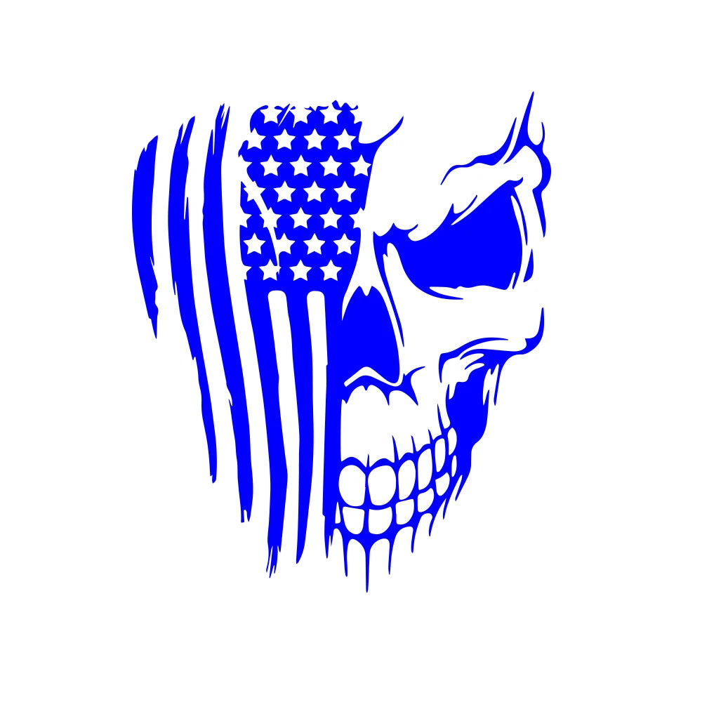A blue skull decal featuring the American flag design with stars and stripes.