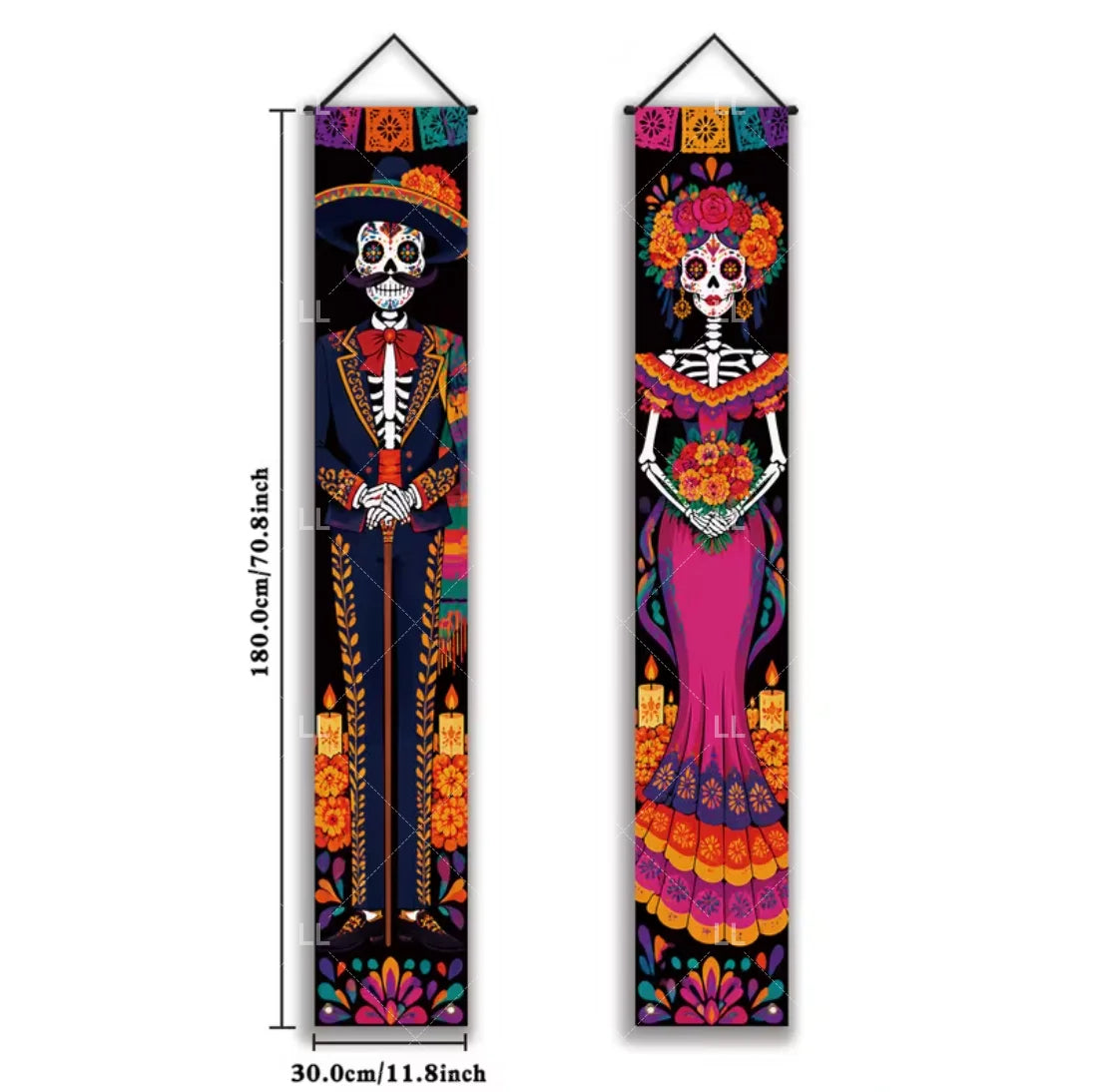 A vertical banner featuring a Mexican skull and floral motifs for a Day of the Dead decoration.