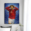 A modern wall art print featuring a painting of Cristiano Ronaldo celebrating with his hands on his head.