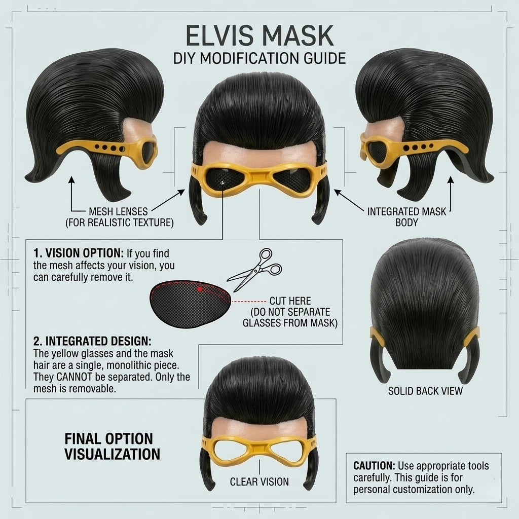 Guía que muestra opciones de modificación DIY para una máscara de Elvis, incluyendo lentes de malla y diseño integrado