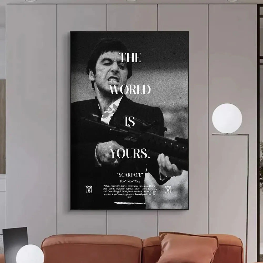 Canvas wall art featuring a black and white image of a man with a rifle titled The World Is Yours