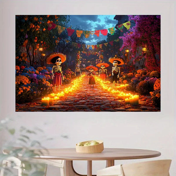 A vibrant Day of the Dead backdrop featuring a path lined with sugar skulls, colorful flowers, and traditional figures under 