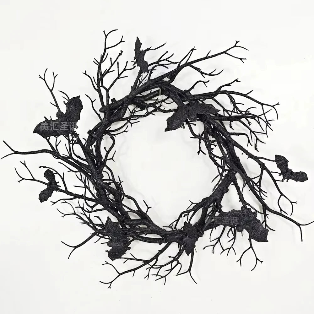 Artificial black branch bat wreath used for Halloween door decoration