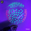 A hand holds a large, translucent latex balloon filled with glowing neon green and pink dots against a purple background.