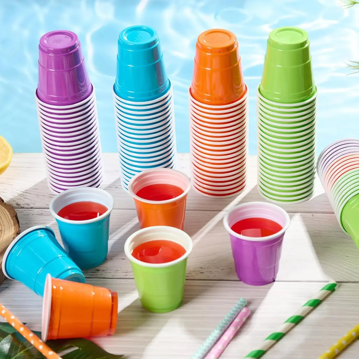 A collection of colorful disposable plastic shot cups in various shades including purple, blue, orange, and green.